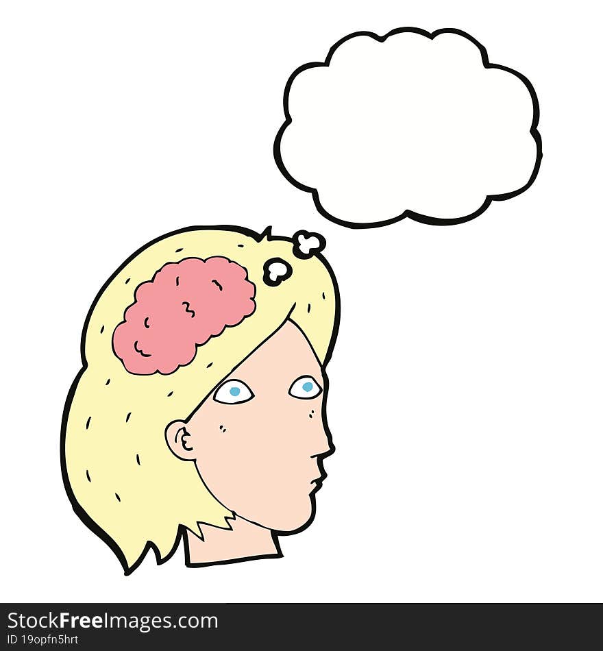 cartoon female head with brain symbol with thought bubble