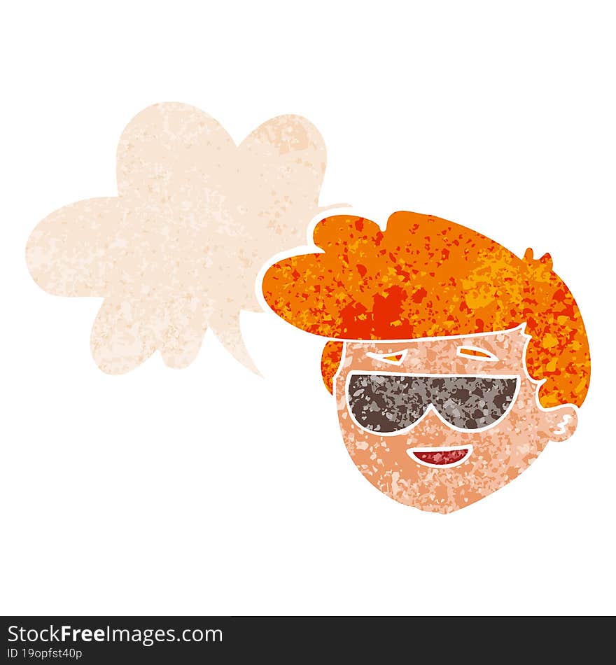 Cartoon Boy Wearing Sunglasses And Speech Bubble In Retro Textured Style