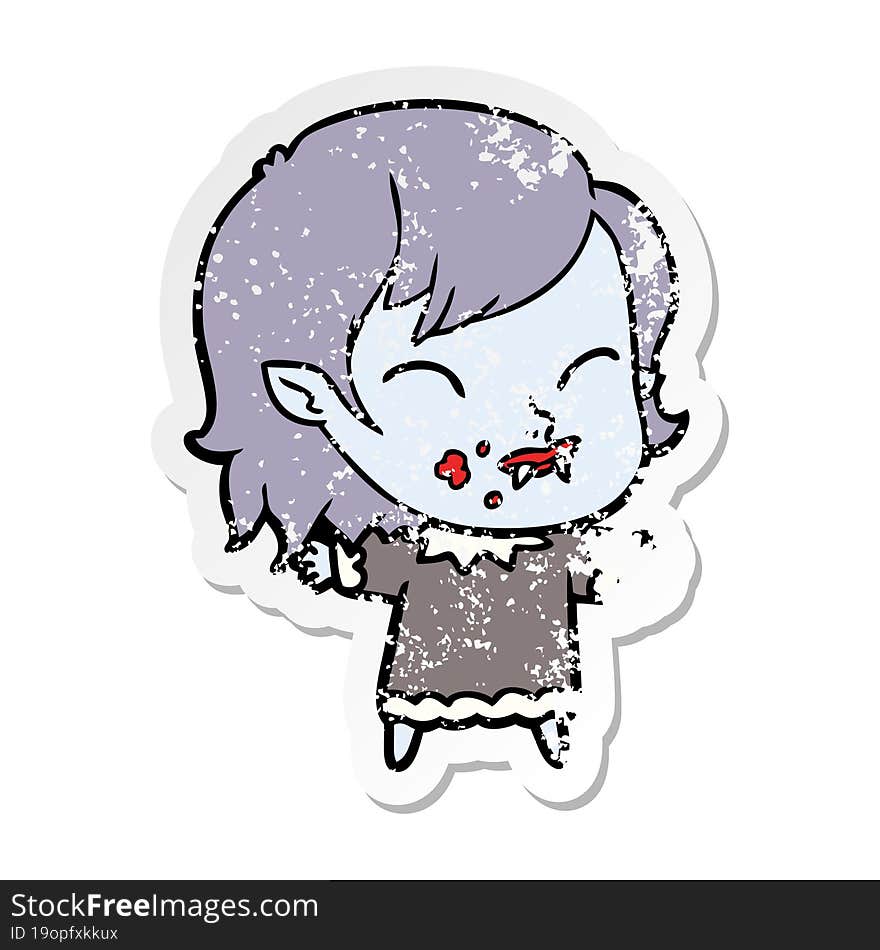 Distressed Sticker Of A Cartoon Vampire Girl With Blood On Cheek