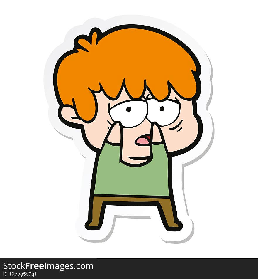 sticker of a cartoon exhausted boy