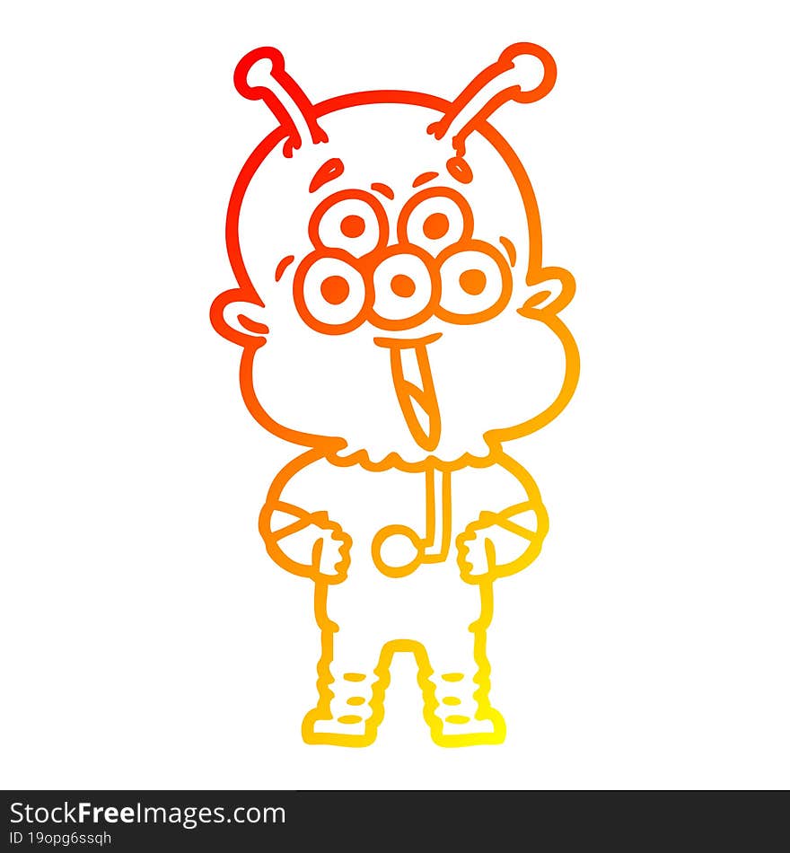 warm gradient line drawing of a happy cartoon alien