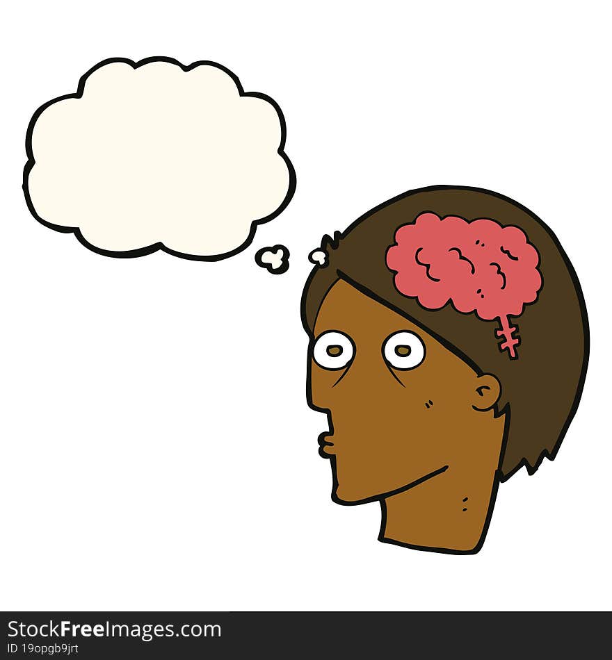 Cartoon Head With Brain Symbol With Thought Bubble