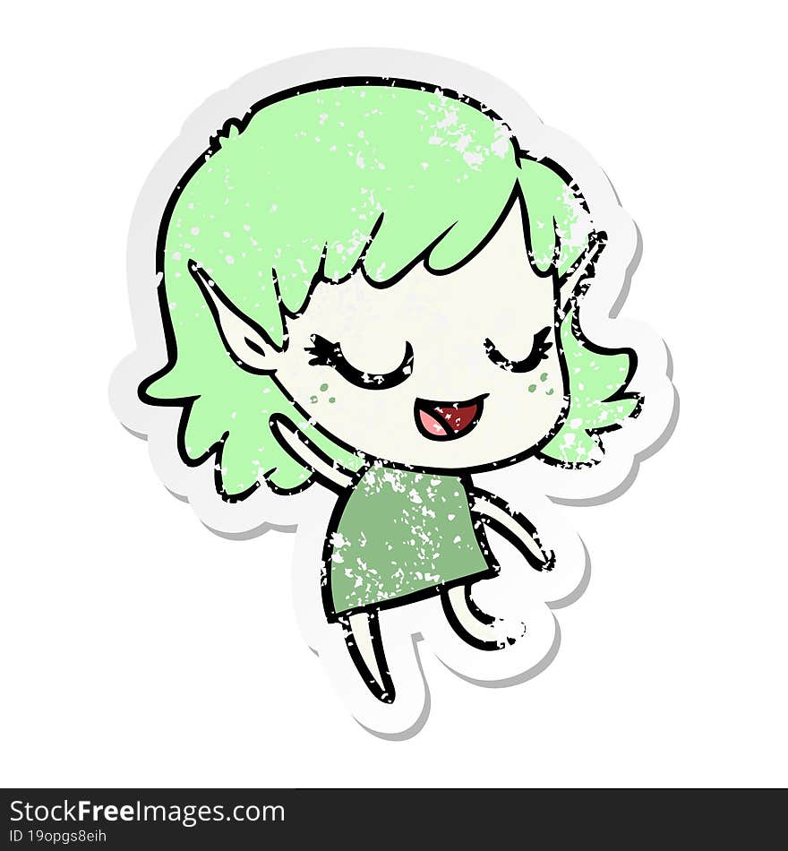 distressed sticker of a happy cartoon elf girl