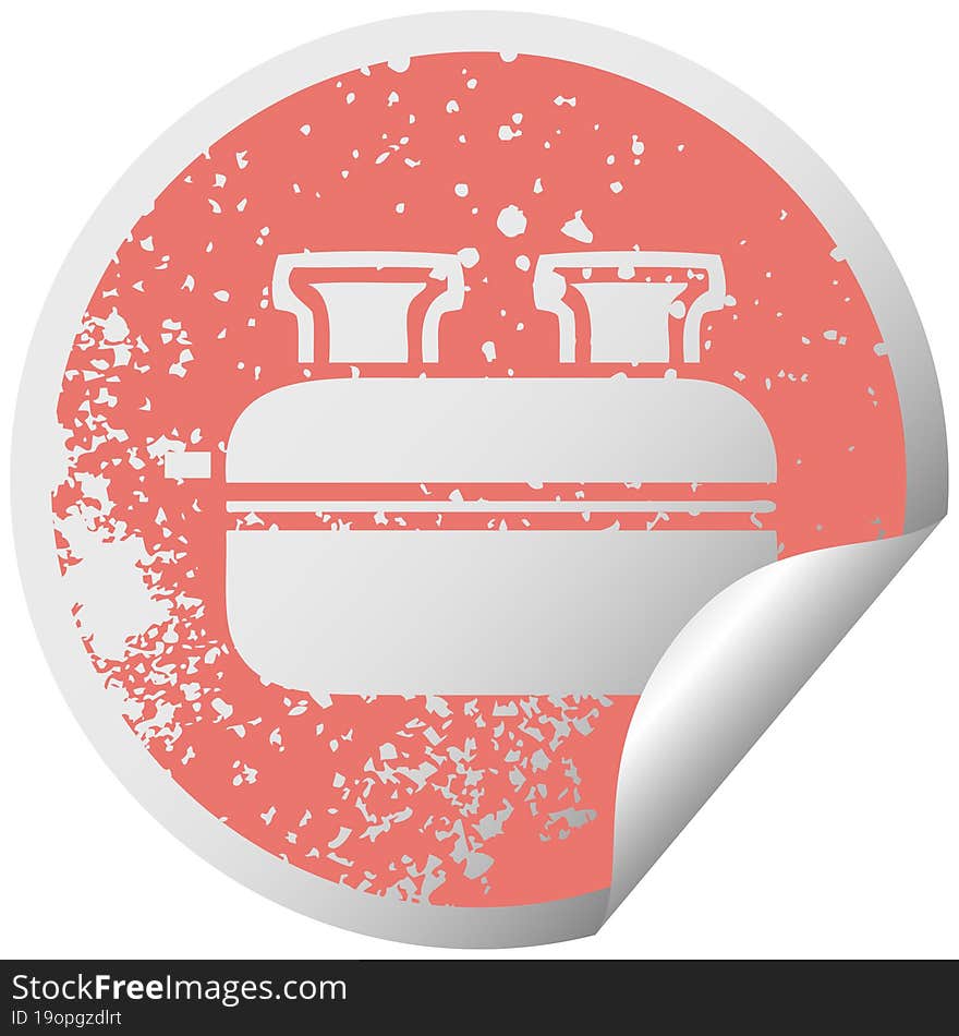 distressed circular peeling sticker symbol of a double toaster