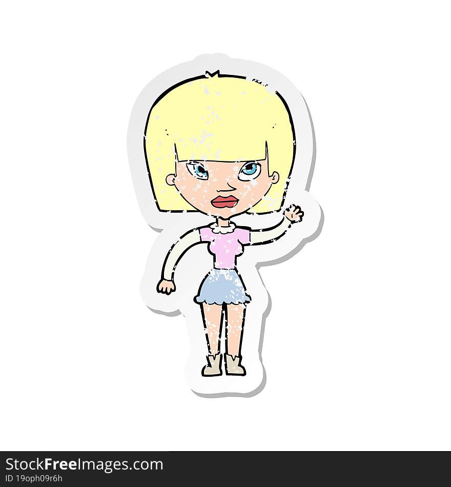 retro distressed sticker of a cartoon woman waving