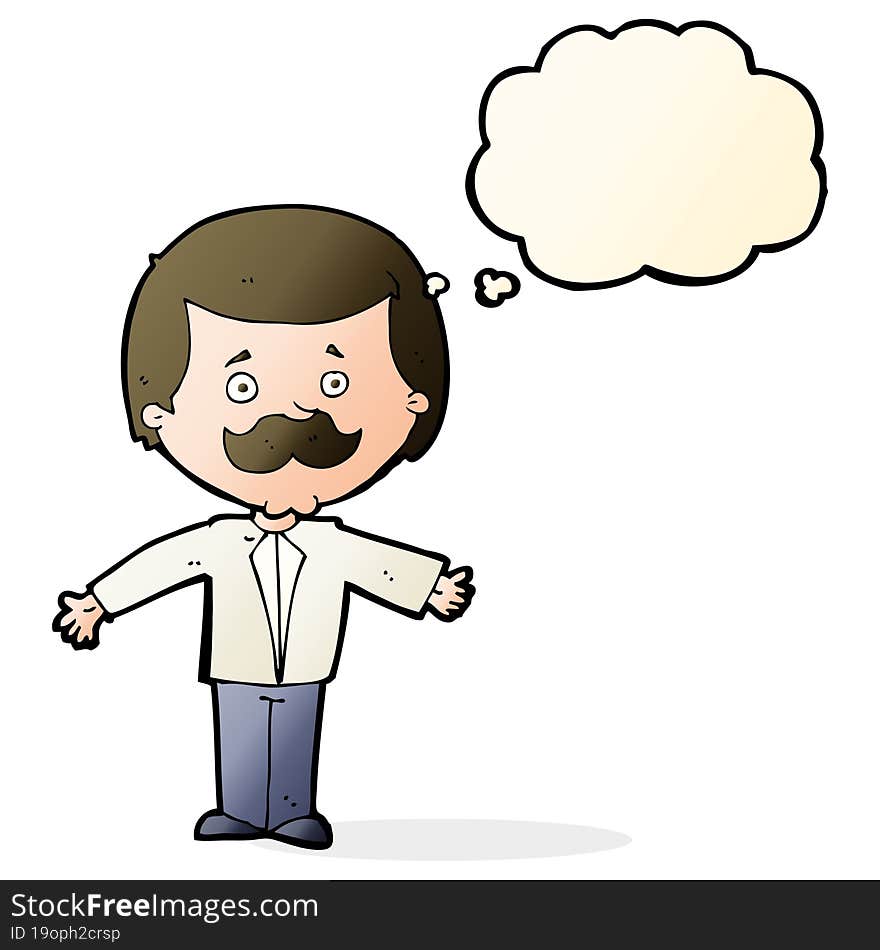 Cartoon Mustache Man With Open Arms With Thought Bubble