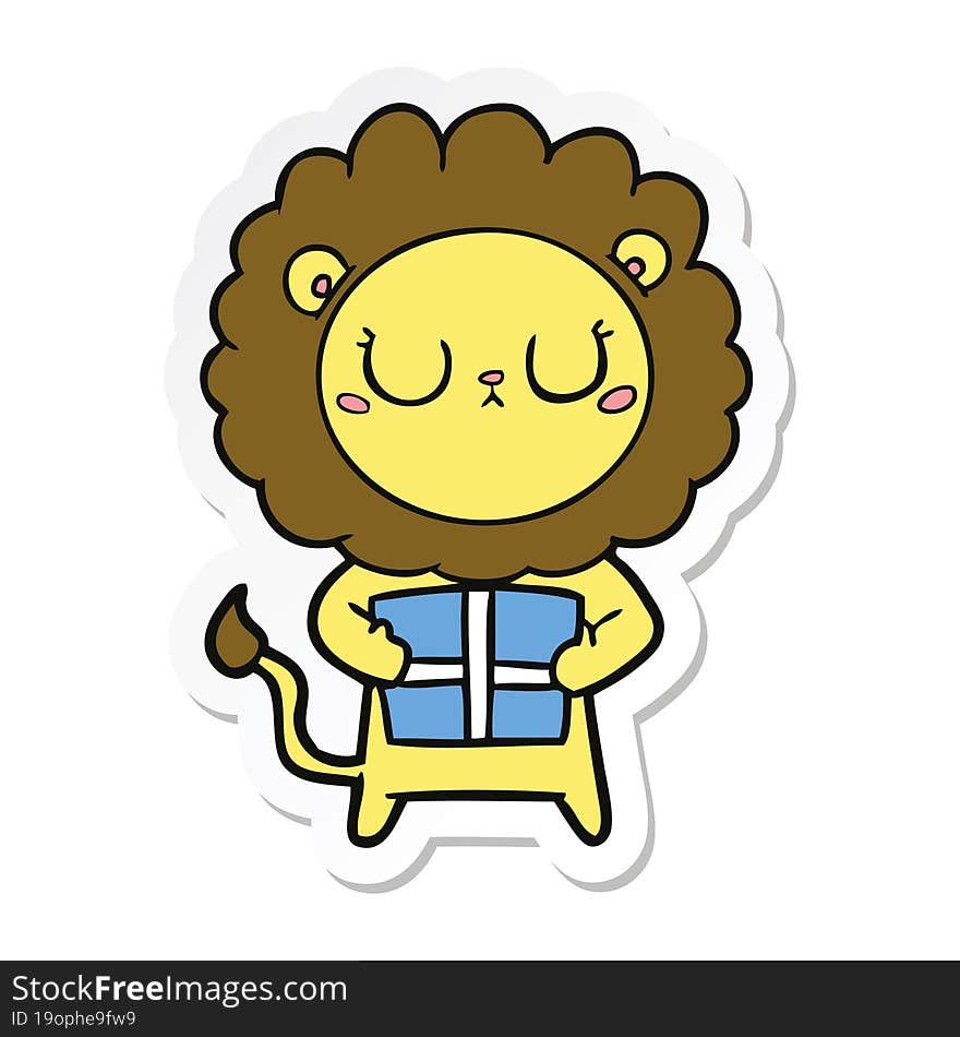 Sticker Of A Cartoon Lion With Christmas Present