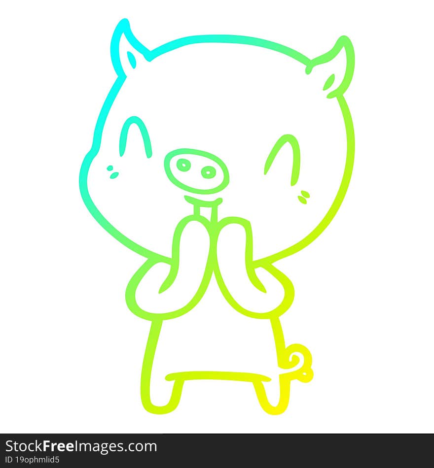 cold gradient line drawing of a happy cartoon pig