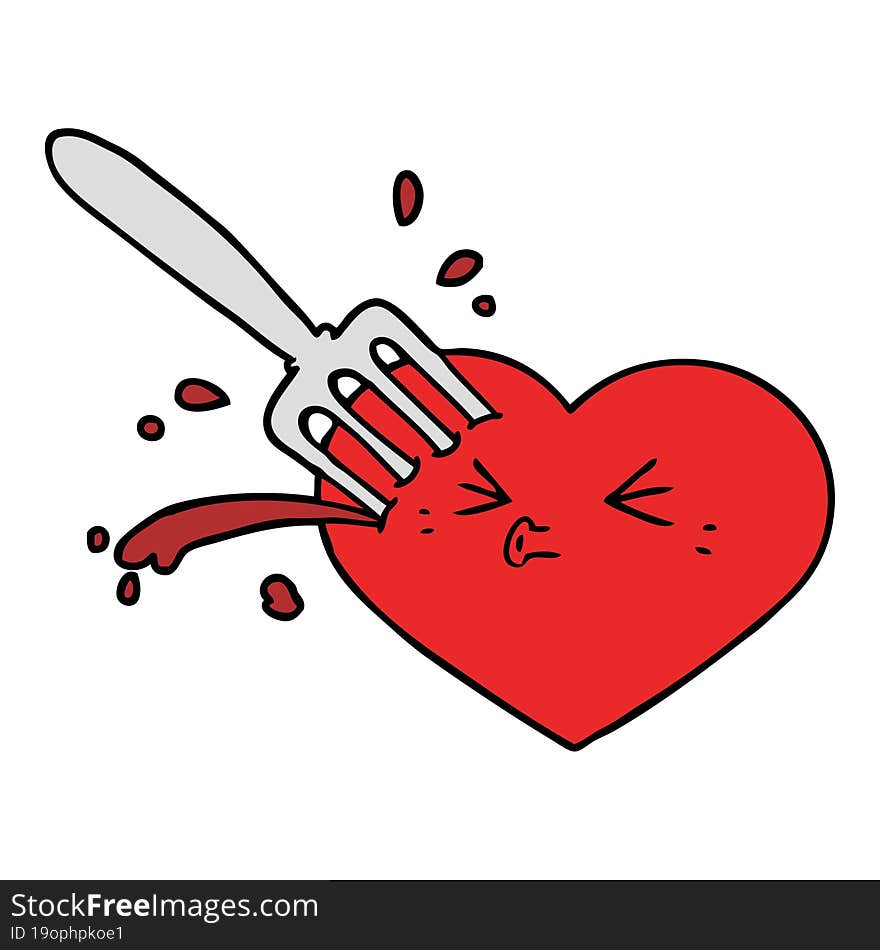 cartoon love heart stuck with fork. cartoon love heart stuck with fork