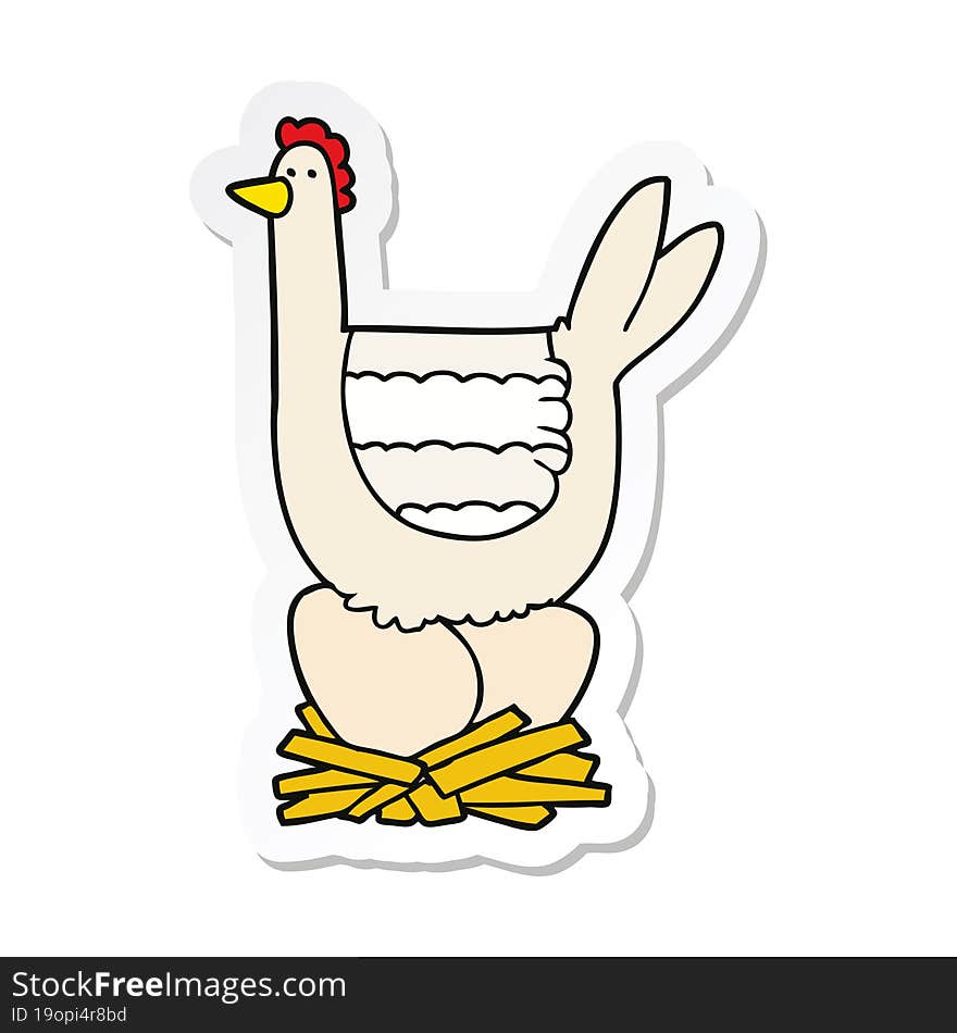 sticker of a cartoon chicken sitting on eggs in nest