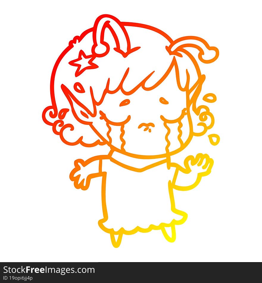 warm gradient line drawing cartoon crying alien girl