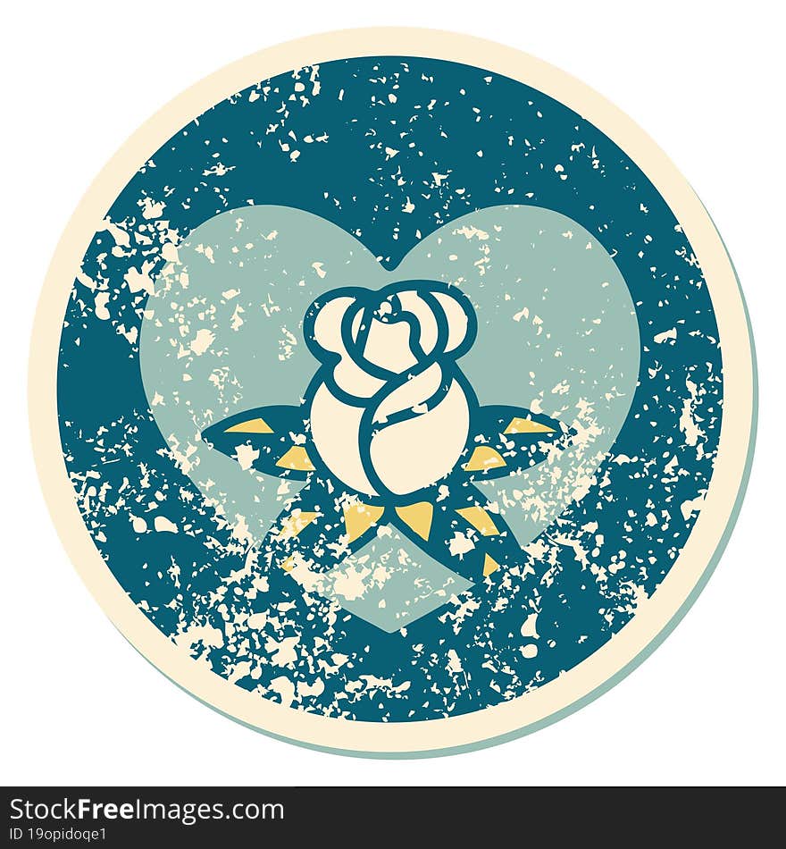 iconic distressed sticker tattoo style image of a heart and flowers. iconic distressed sticker tattoo style image of a heart and flowers