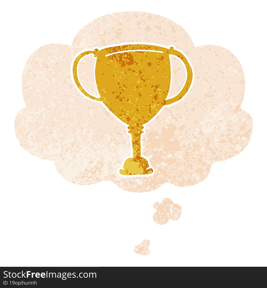 Cartoon Sports Trophy And Thought Bubble In Retro Textured Style