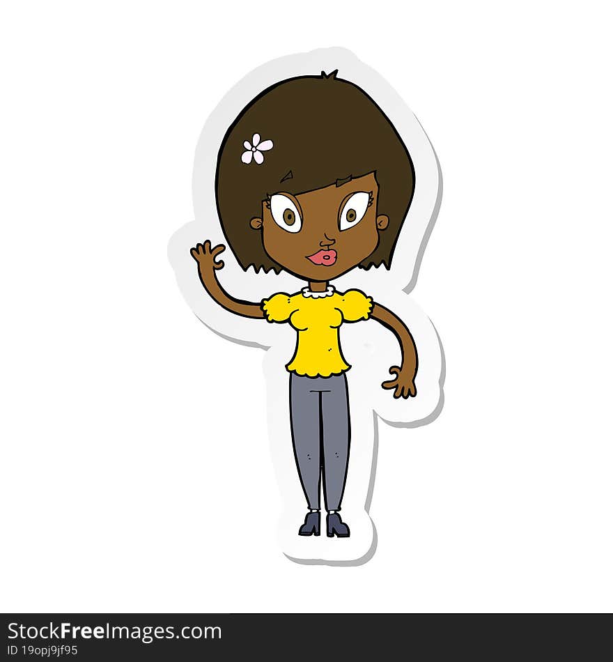 Sticker Of A Cartoon Pretty Woman Waving