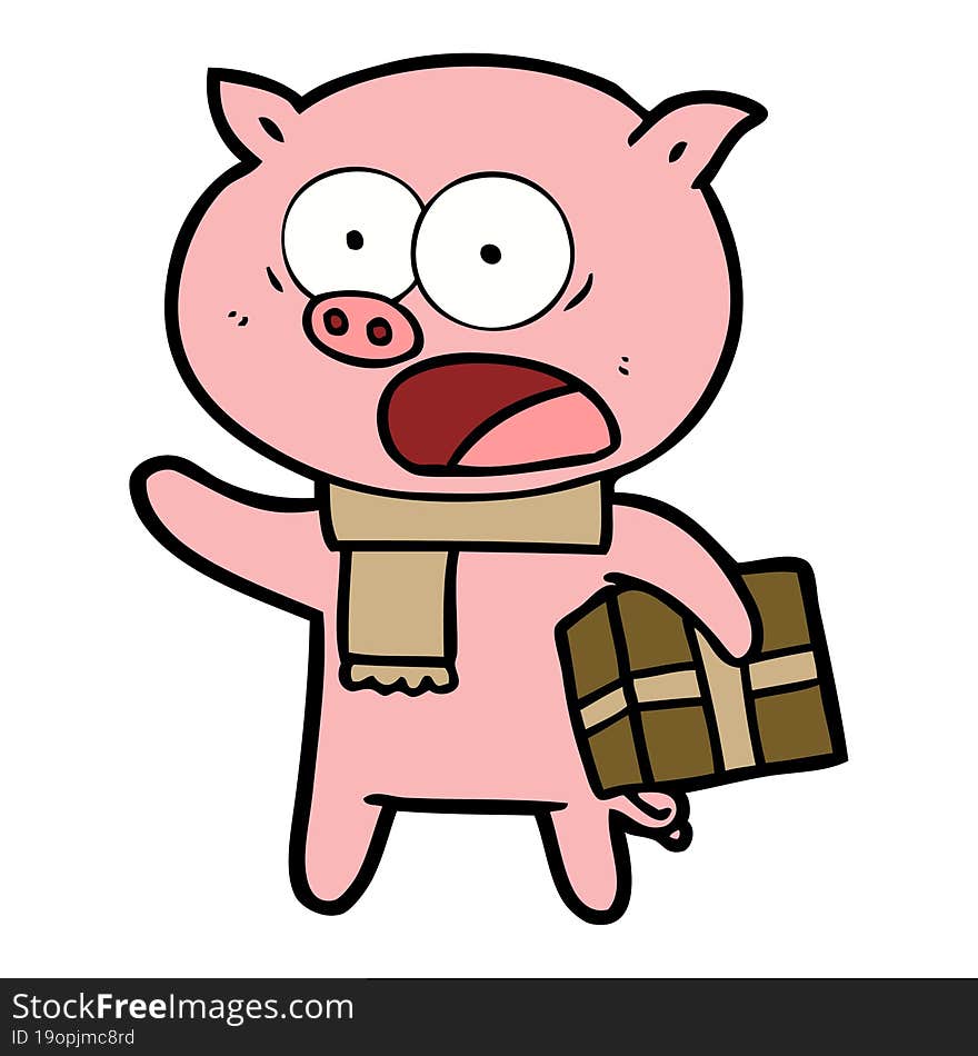 cartoon pig with christmas present. cartoon pig with christmas present