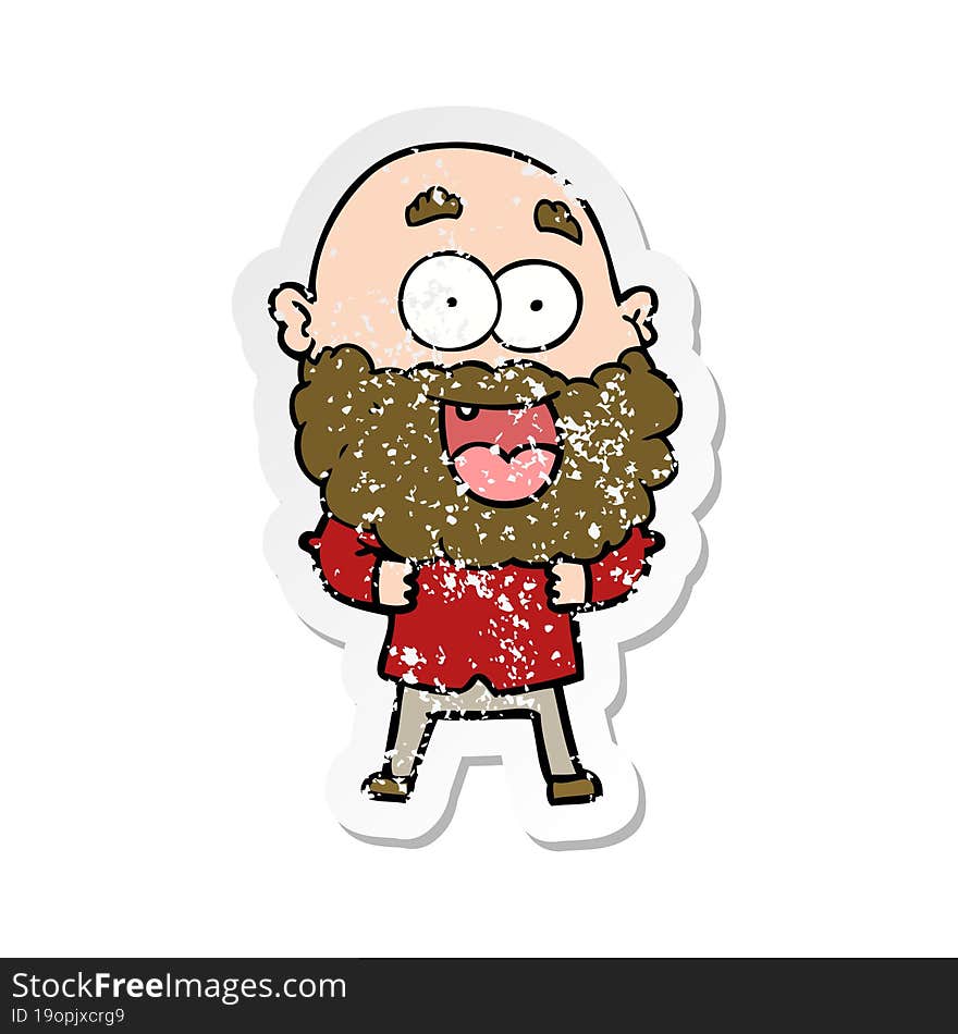 distressed sticker of a cartoon crazy happy man with beard