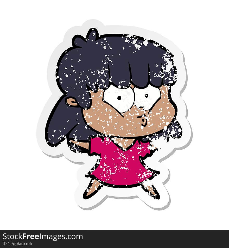 distressed sticker of a cartoon whistling girl