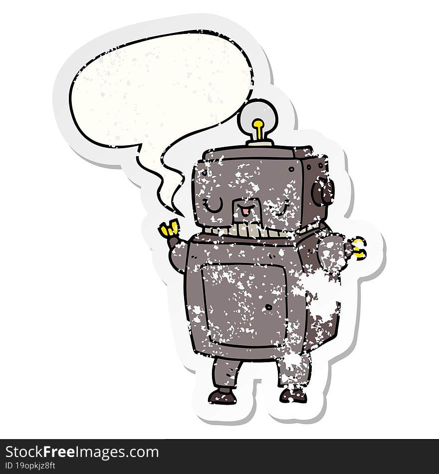 cartoon robot with speech bubble distressed distressed old sticker. cartoon robot with speech bubble distressed distressed old sticker