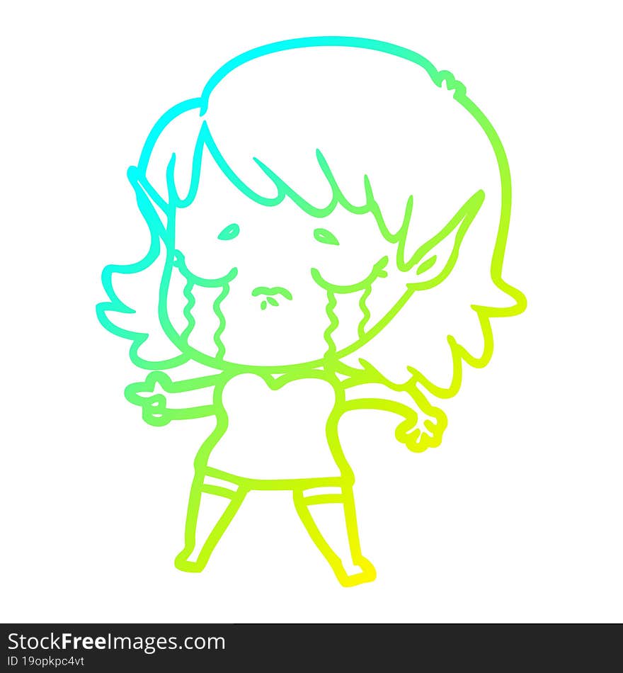 cold gradient line drawing of a cartoon crying elf girl