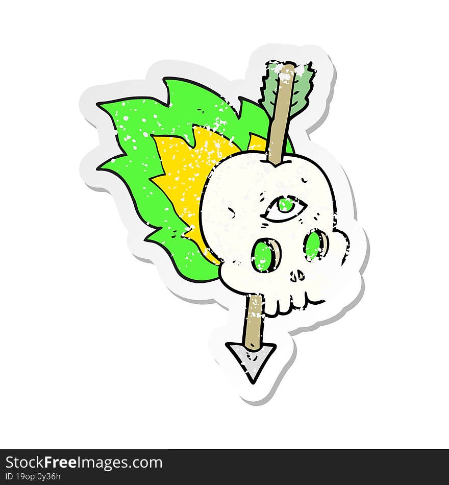 retro distressed sticker of a cartoon magic skull with arrow through brain