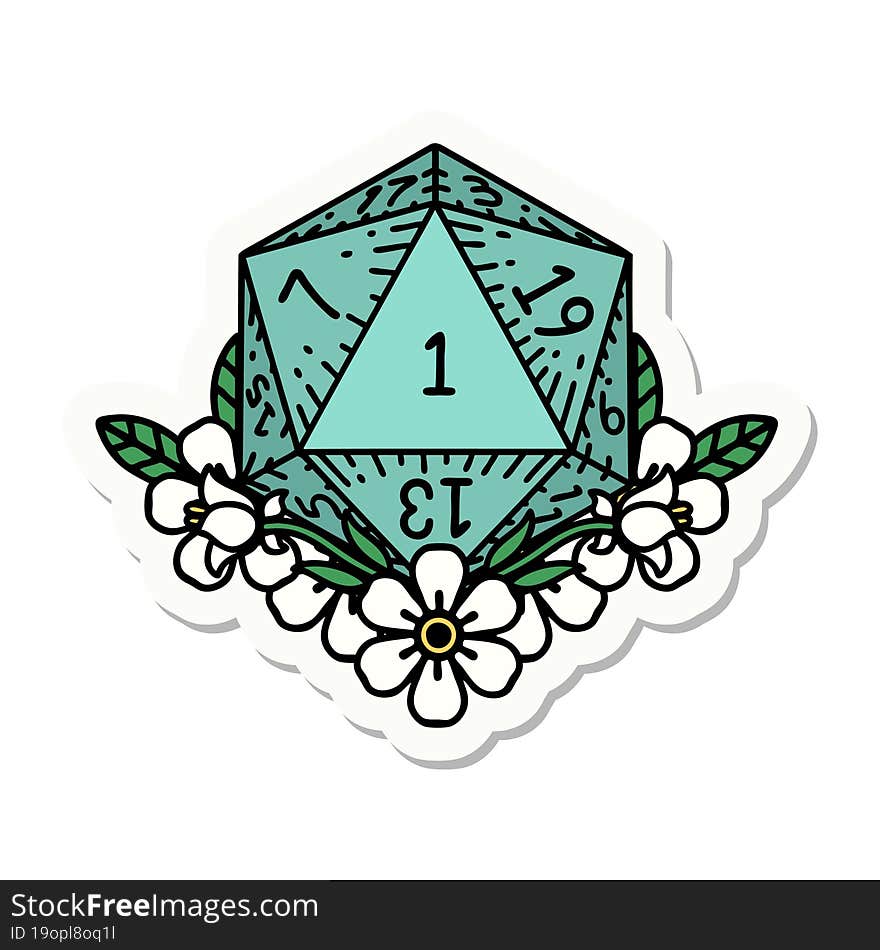 Natural One Dice Roll With Floral Elements Sticker