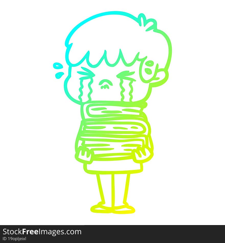 cold gradient line drawing of a cartoon boy crying