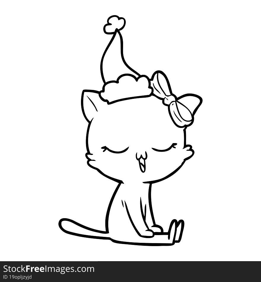 hand drawn line drawing of a cat with bow on head wearing santa hat