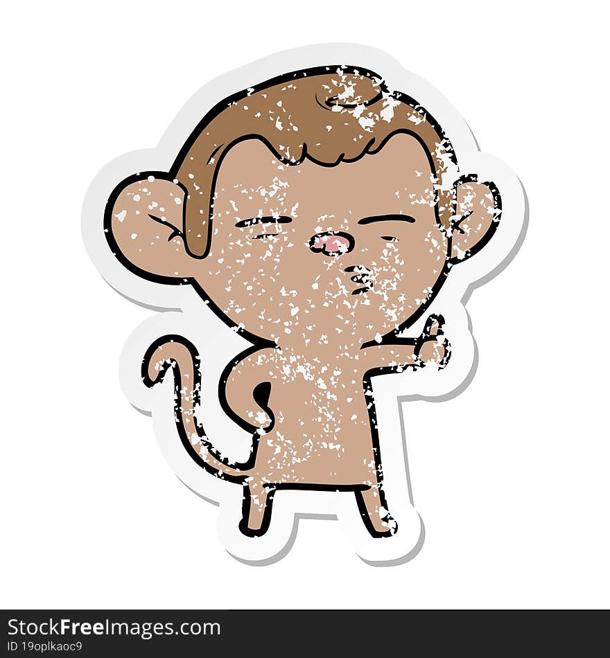 distressed sticker of a cartoon suspicious monkey