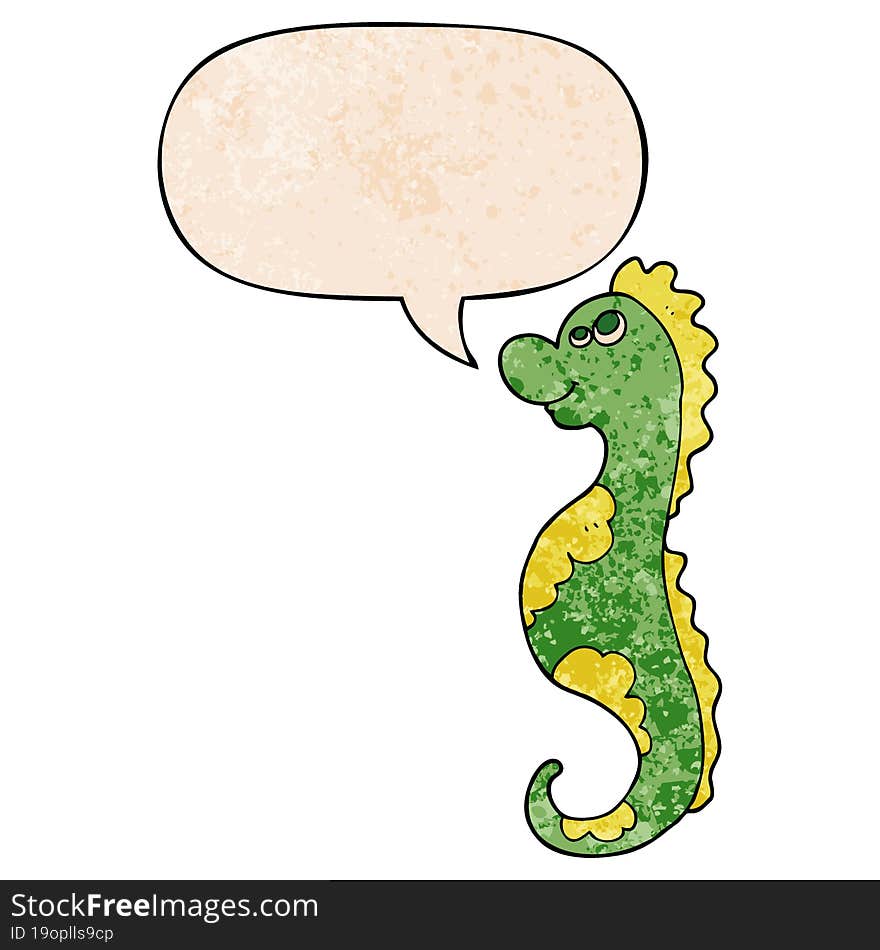 Cartoon Sea Horse And Speech Bubble In Retro Texture Style