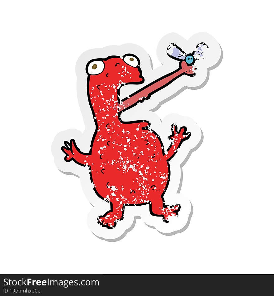 retro distressed sticker of a cartoon poisonous frog catching fly