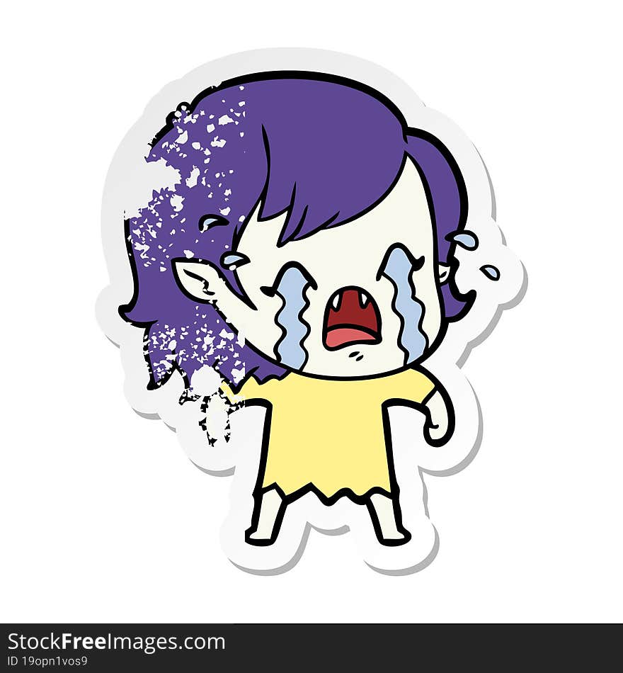 distressed sticker of a cartoon crying vampire girl