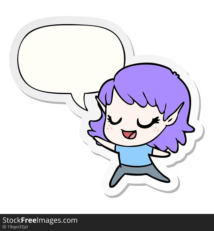 carton happy elf girl dancing with speech bubble sticker