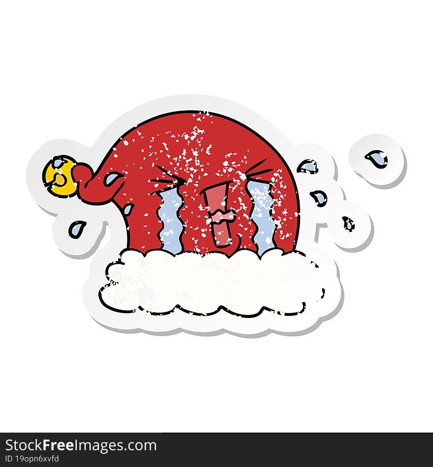 distressed sticker of a cartoon christmas hat crying