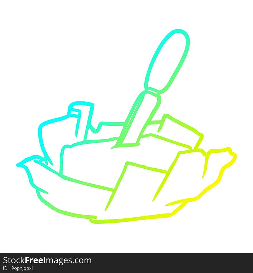 cold gradient line drawing of a traditional pat of butter with knife