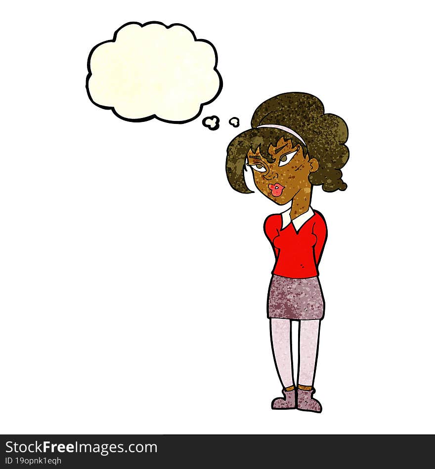 Cartoon Pretty Girl Tilting Head With Thought Bubble