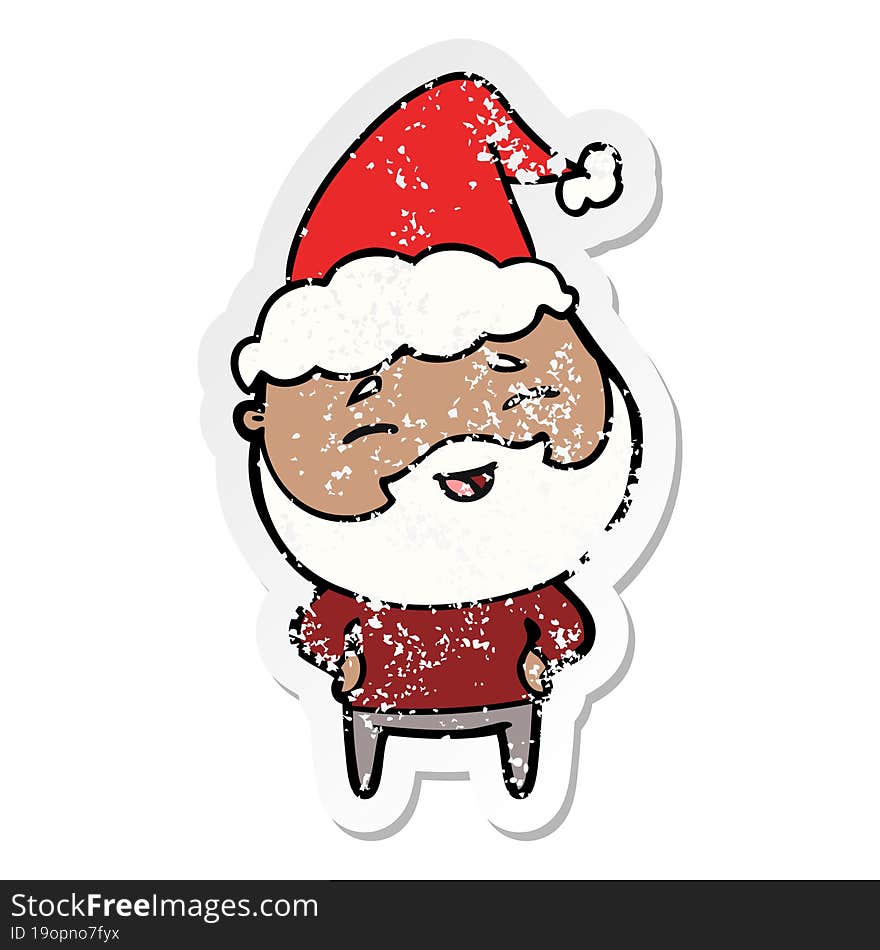 Distressed Sticker Cartoon Of A Happy Bearded Man Wearing Santa Hat