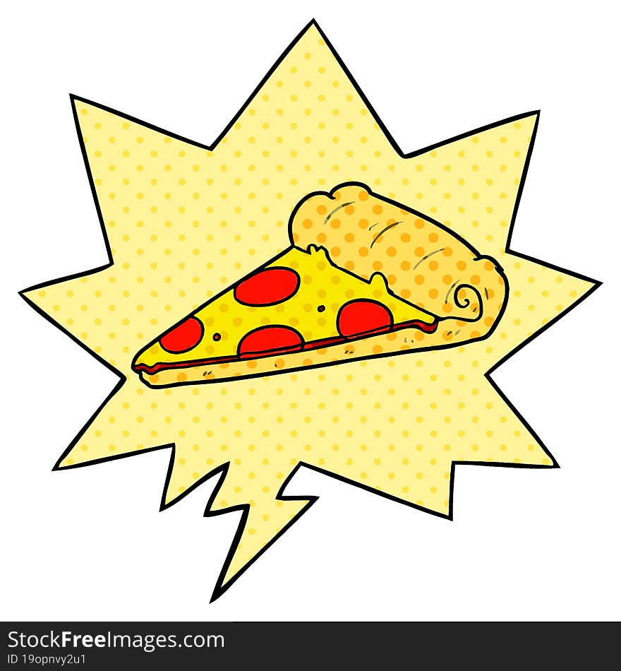 Cartoon Slice Of Pizza And Speech Bubble In Comic Book Style