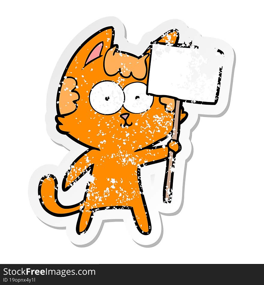 distressed sticker of a happy cartoon cat with sign