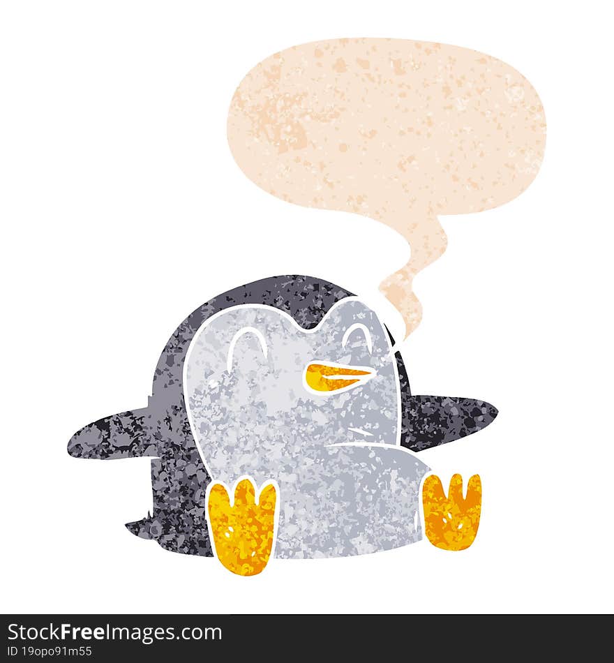 Cartoon Penguin And Speech Bubble In Retro Textured Style