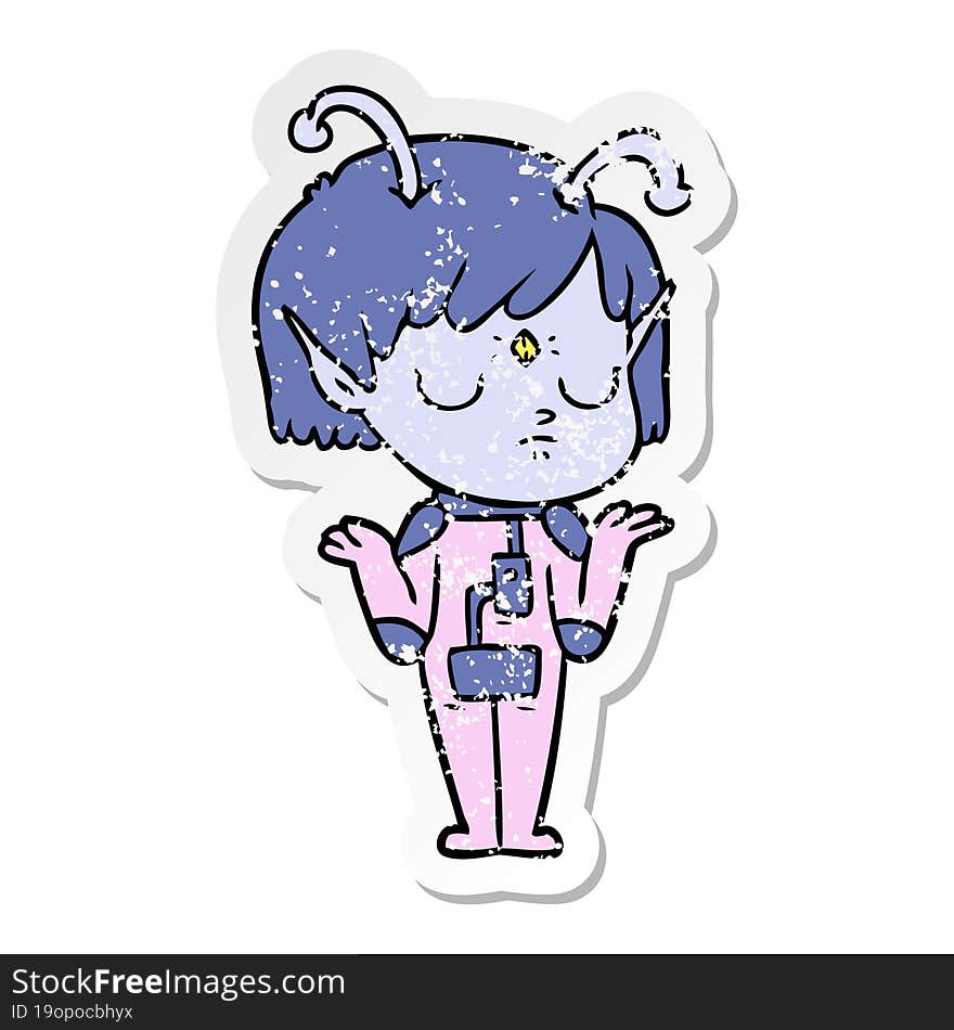 distressed sticker of a cartoon alien girl