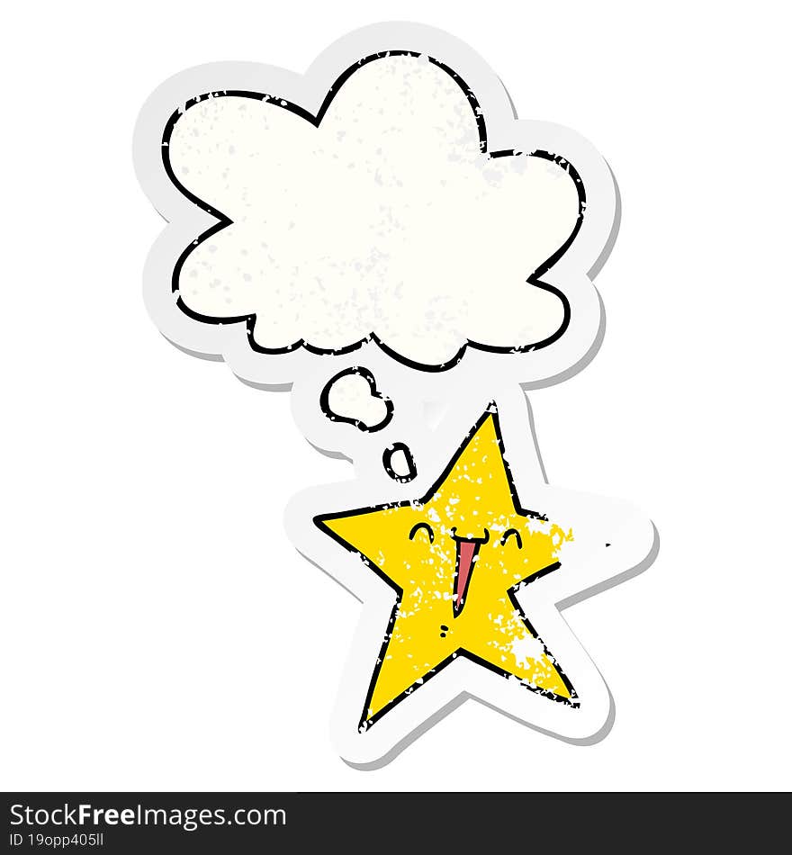 happy cartoon star and thought bubble as a distressed worn sticker