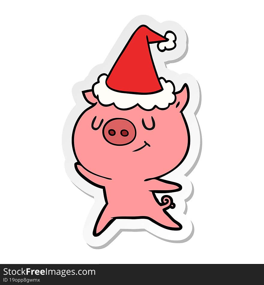 Happy Sticker Cartoon Of A Pig Wearing Santa Hat