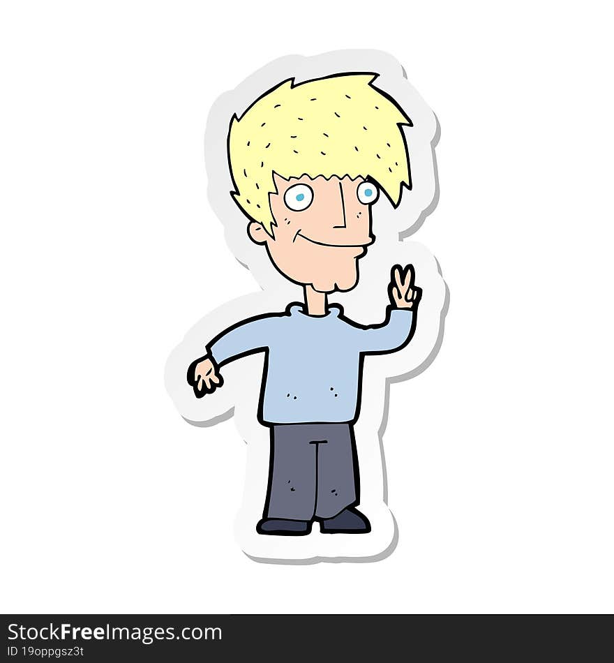 sticker of a cartoon man giving peace sign