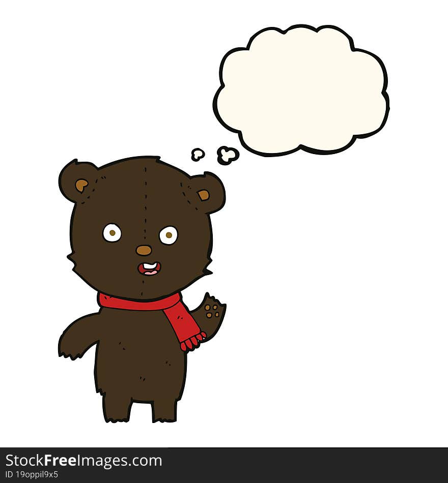 cartoon waving black bear cub with scarf with thought bubble