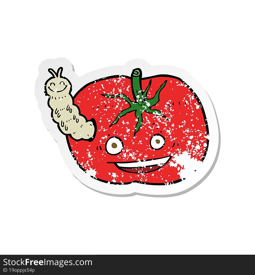 retro distressed sticker of a cartoon tomato with bug