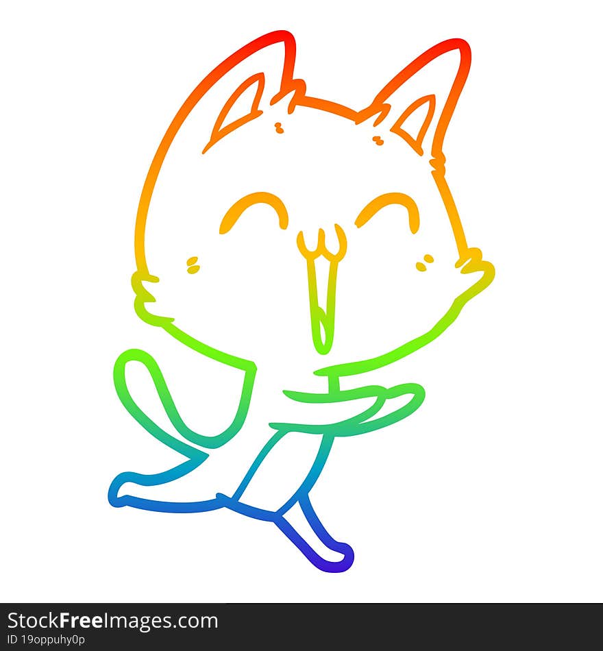 rainbow gradient line drawing of a happy cartoon cat meowing