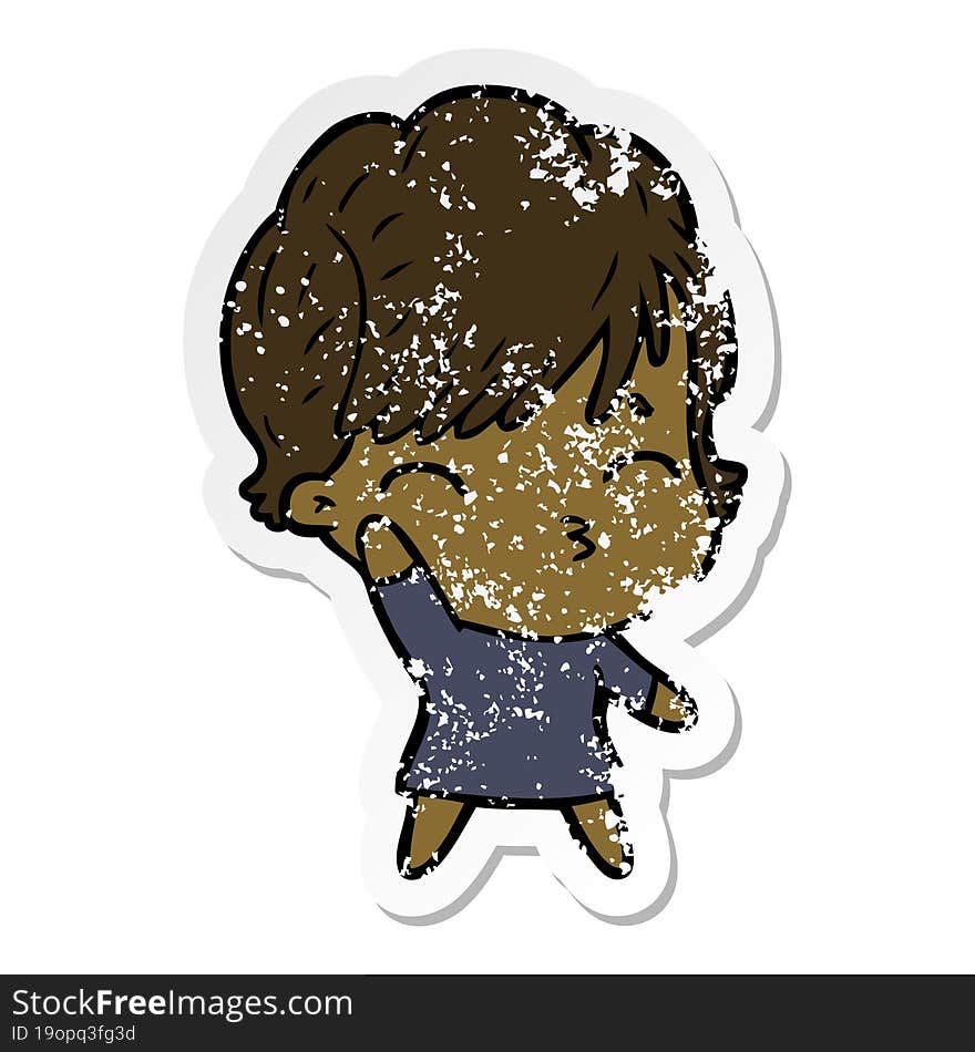 distressed sticker of a cartoon woman thinking