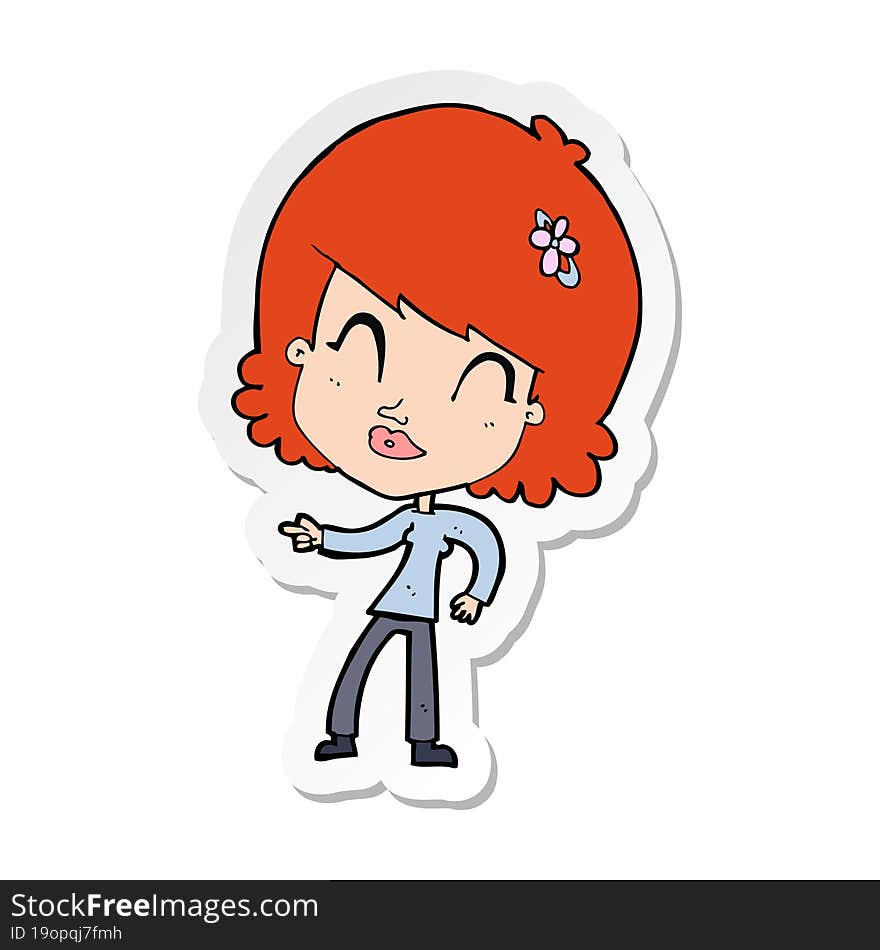 Sticker Of A Cartoon Happy Woman Pointing