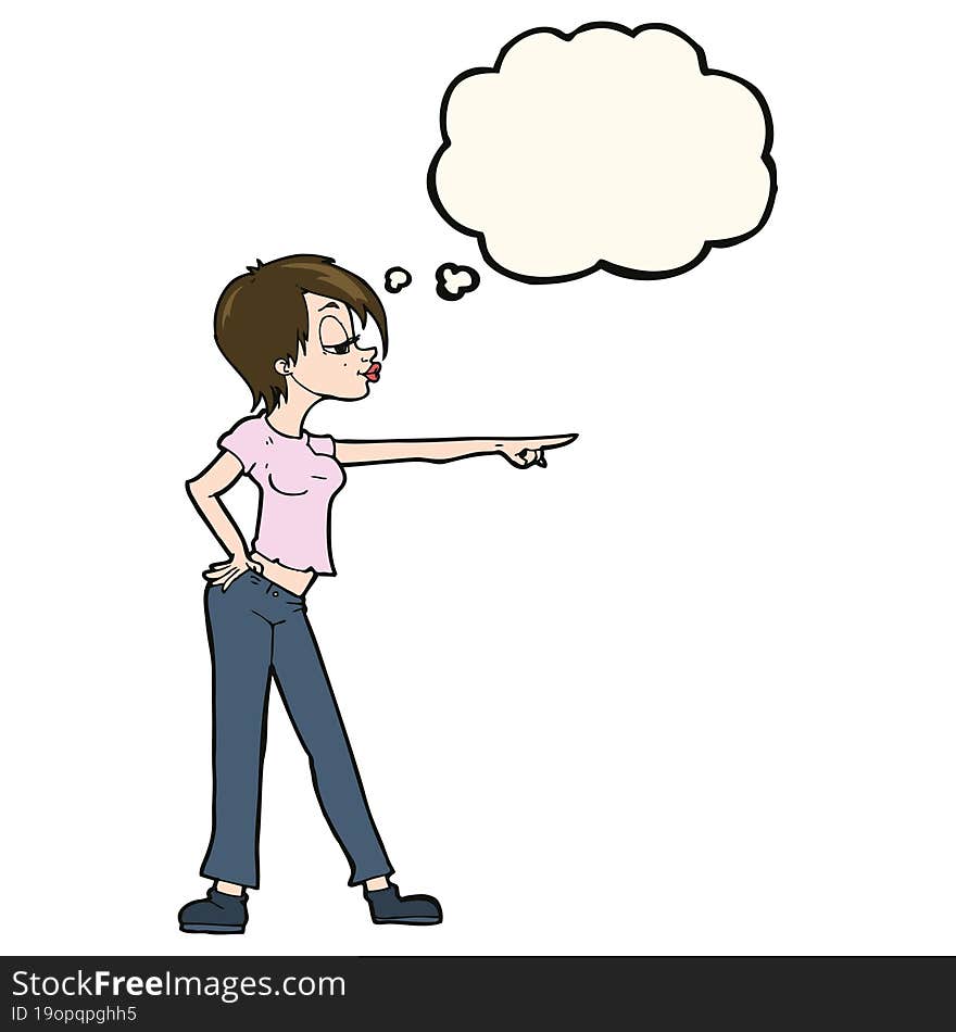 Cartoon Woman Pointing With Thought Bubble