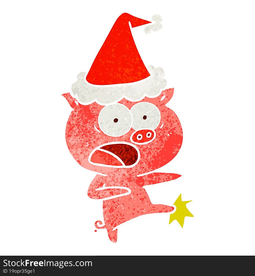 Retro Cartoon Of A Pig Shouting And Kicking Wearing Santa Hat